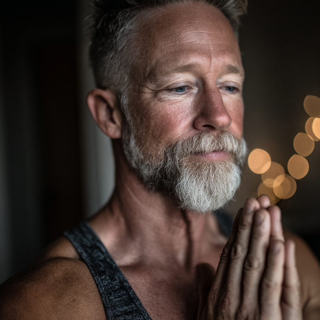 Middle-aged yoga practitioner sharing wisdom